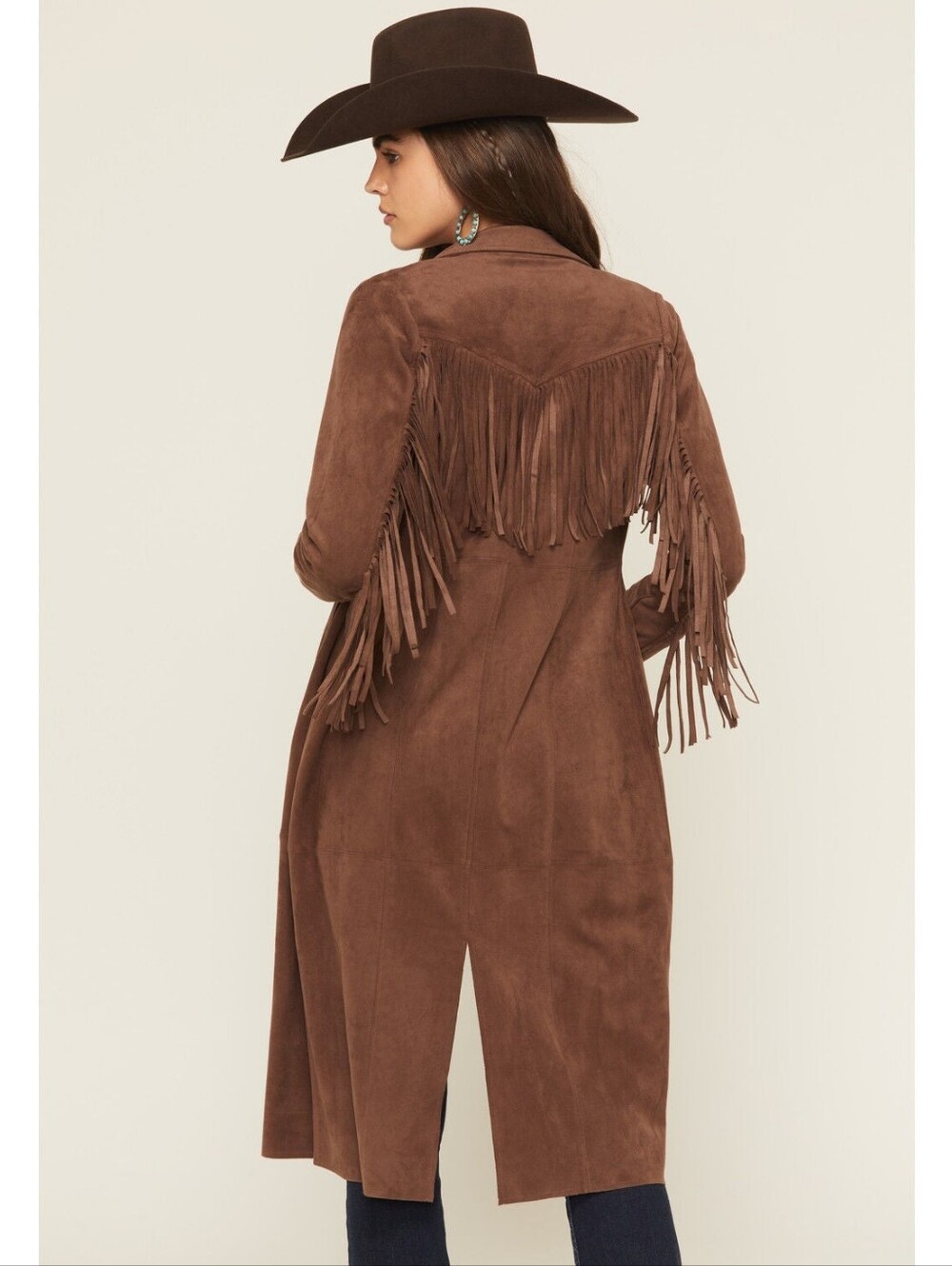 Shyanne Women's Faux Suede Fringe Trench Coat Brown Duster XS Western Ranch